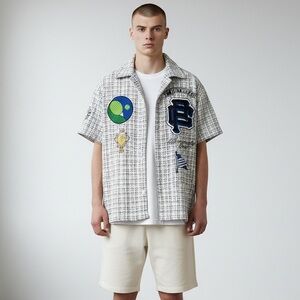 First Row L Short Sleeve Tweed Texture Patchwork Tennis Button Up Shirt